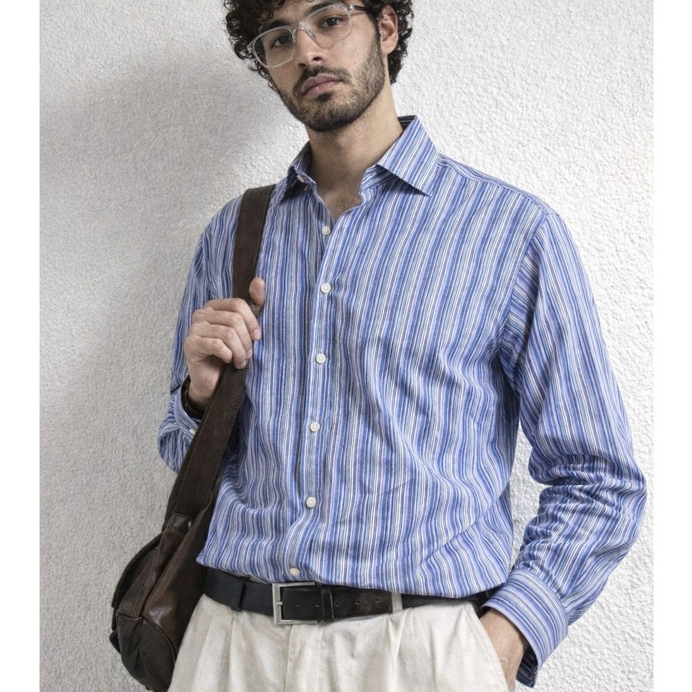 Vintage Y2K TailorByrd Button Up Shirt Mens Lrg Blue Stripe Made in Hong Kong